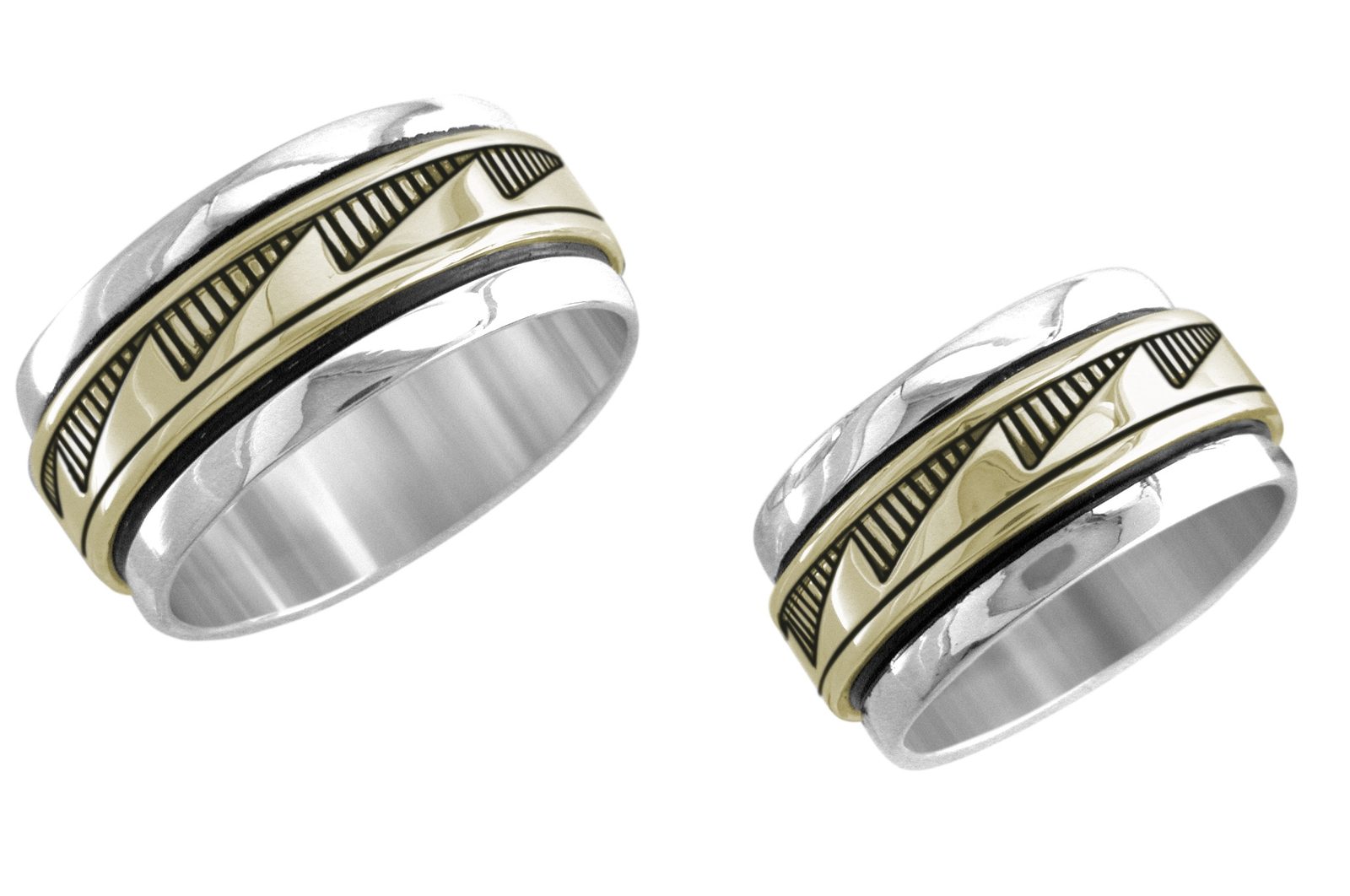3/8 inch Anasazi wedding band, 14K gold and sterling, M.M. Rogers