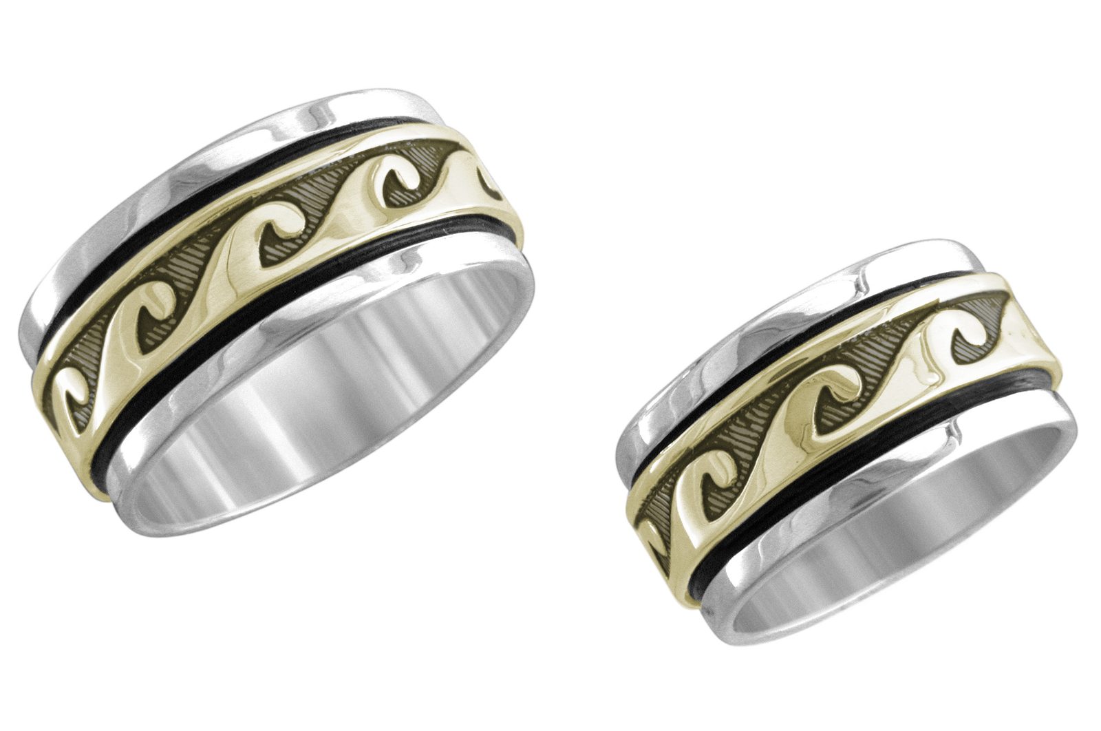 3/8 inch Malibu wedding band, 14K gold and sterling, M.M. Rogers