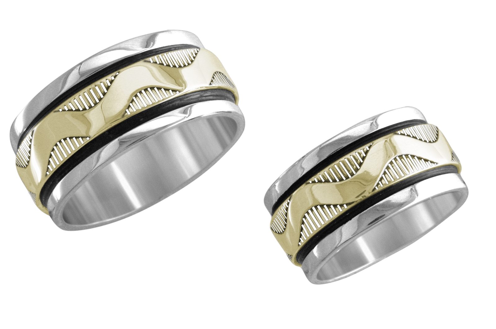 3/8 inch Wave wedding band, 14K gold and sterling, M.M. Rogers