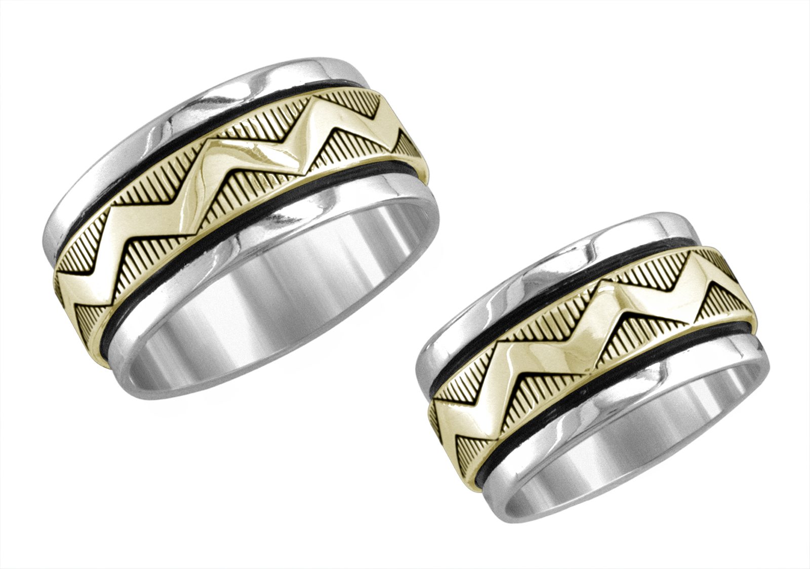 3/8 inch Montana wedding band, 14K gold and sterling, M.M. Rogers