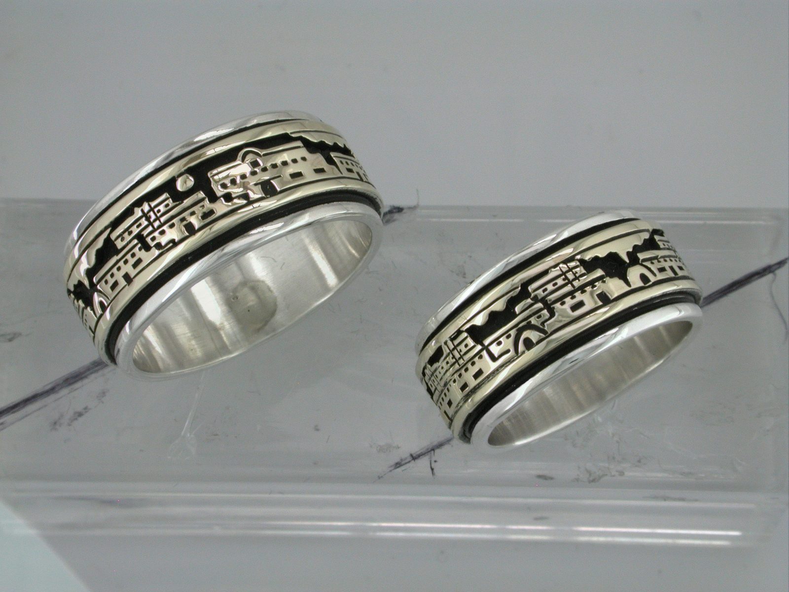 3/8 inch Santa Fe wedding band, 14K gold and sterling, M.M. Rogers