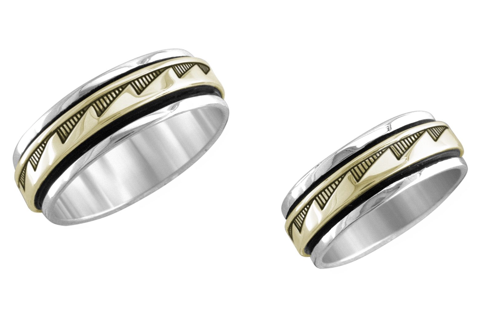 1/4 inch Anasazi wedding band, 14K gold and sterling, M.M. Rogers