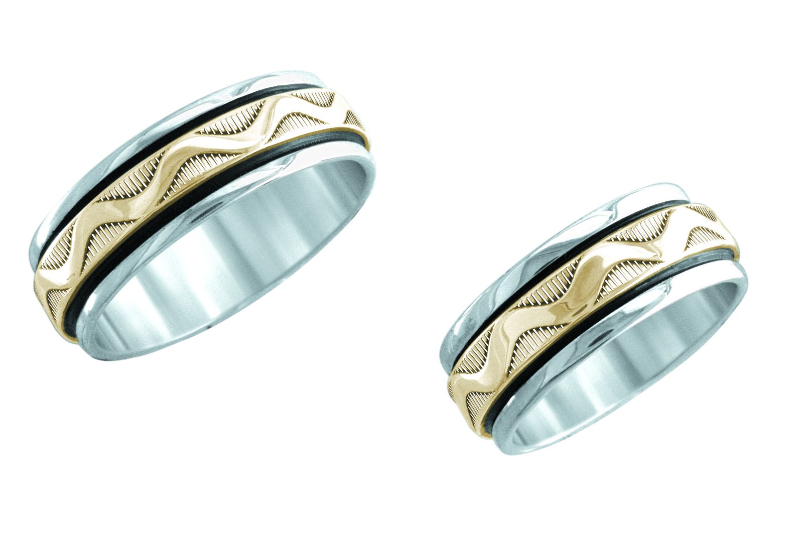 1/4 inch Wave wedding band, 14K gold and sterling, M.M. Rogers