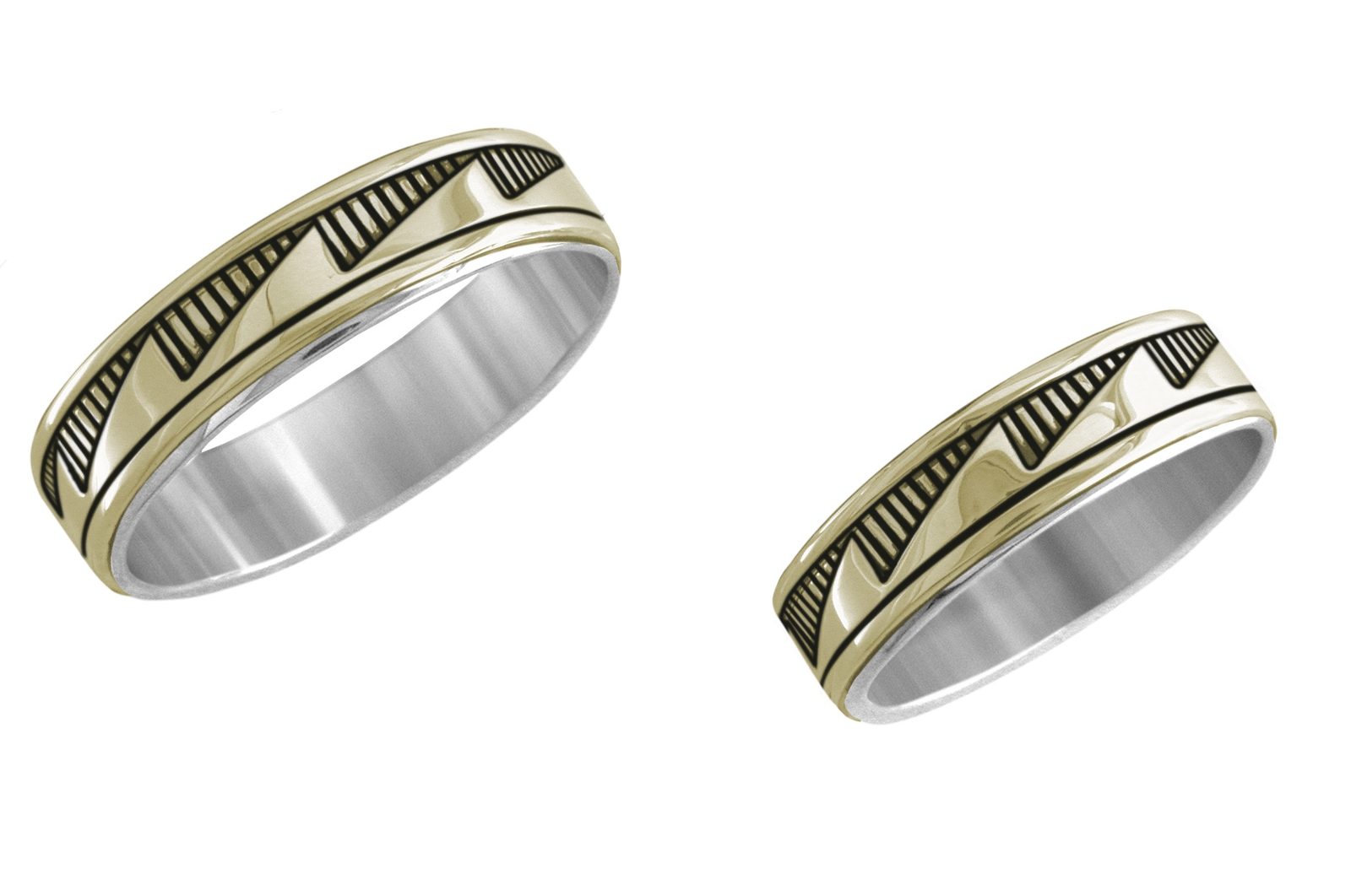 3/16 inch Anasazi wedding band, 14K gold and sterling, M.M. Rogers